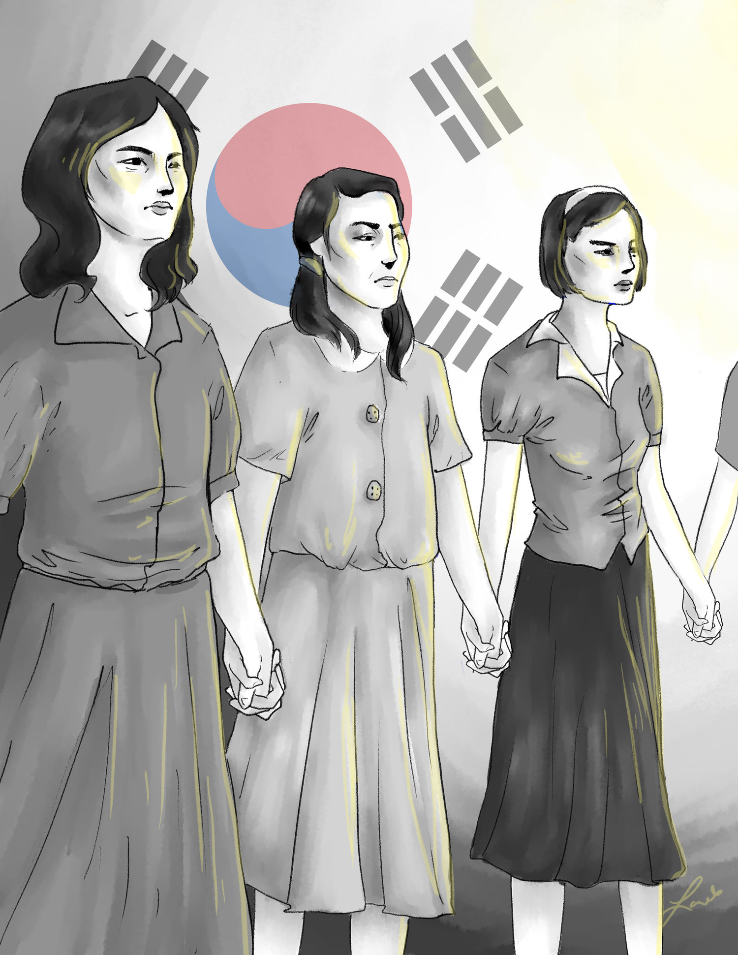 Women standing in front of the flag of South Korea, holding hands