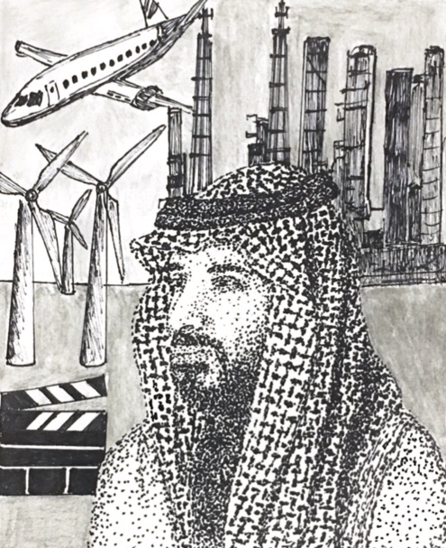 Saudi man with skyscrapers, airplane, and wind turbines in the background.