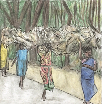 Women walking along a road, carrying belongings.