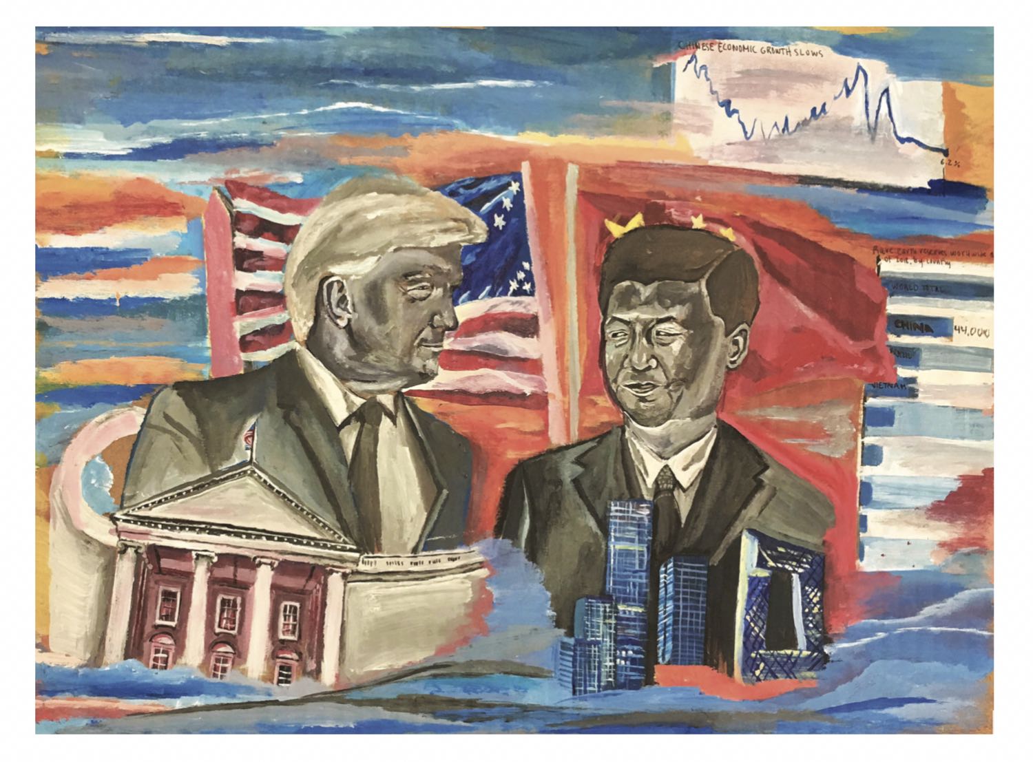 Donald Trump and Xi Jinping looking at each other, flags of the United States and China in the background.