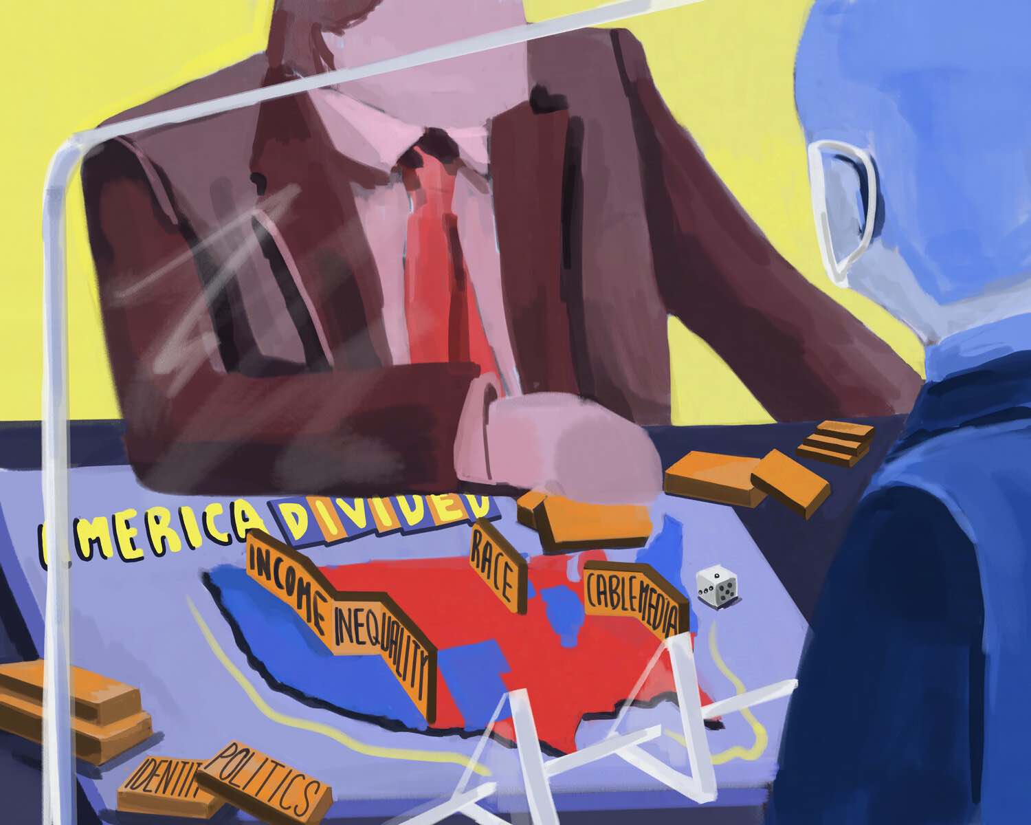 Painting of a man sitting at a table with a board game. Game pieces are imprinted with the words and phrases "identity politics," "income inquality," "race," and "cable media."