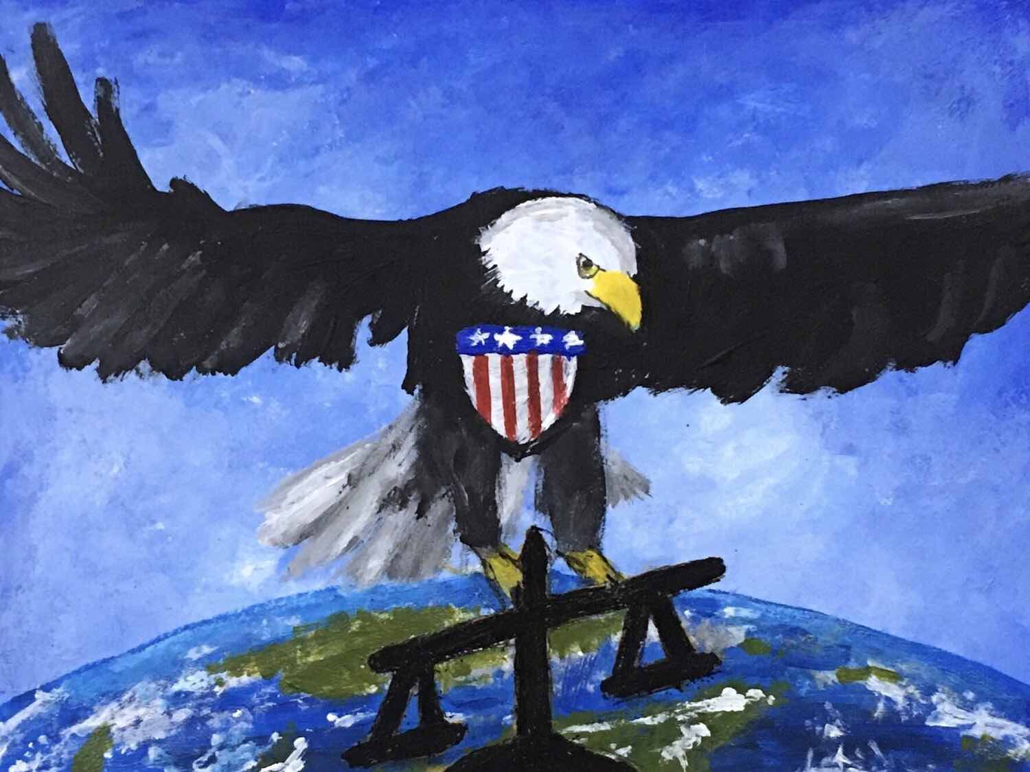 Painting of a bald eagle perched on scales of justice, planet earth in the background.