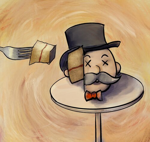 The board game monopoly's mogul character's head has been made into a cake. A fork is shown removing a slice.