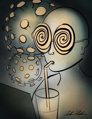 A person sipping a drink through a straw, with images of the coronovirus images in the background.