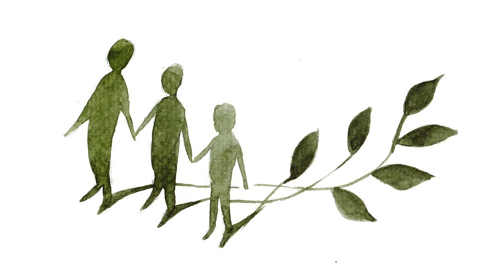 Three children holding hands whose cast shadows resemble leaves.