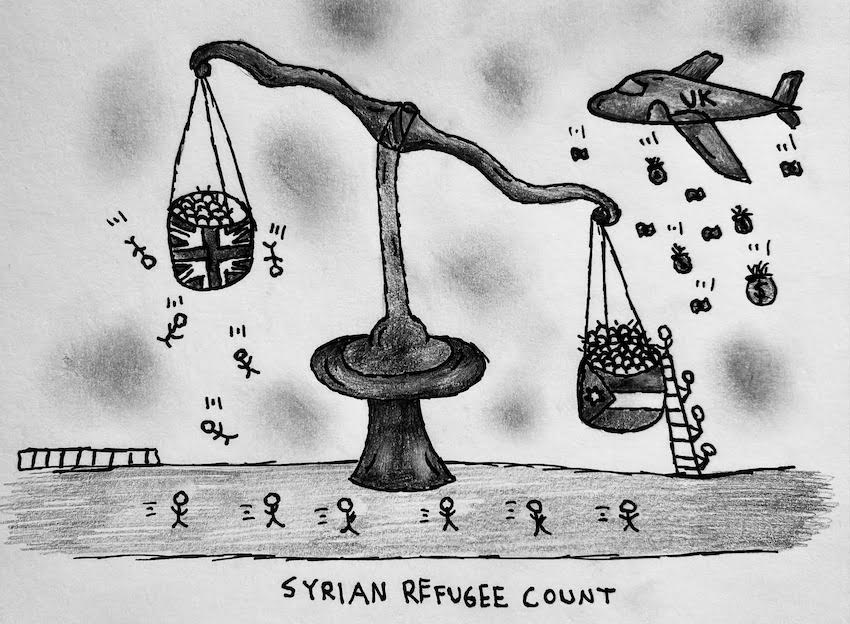 A weighted scale holds buckets of refugees on both sides as people fall out of the UK's bucket and Jordan's bucket is weighted down.
