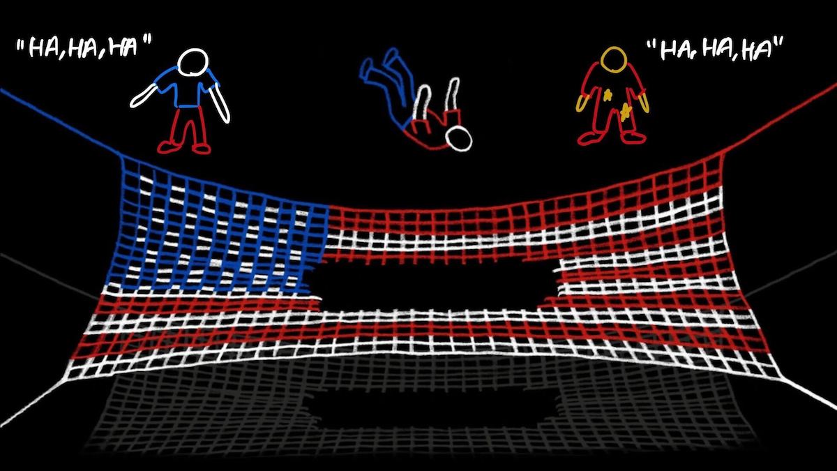 Three figures bounce on a net colored as the American flag. The middle figure is falling into a hole in the center of the net.