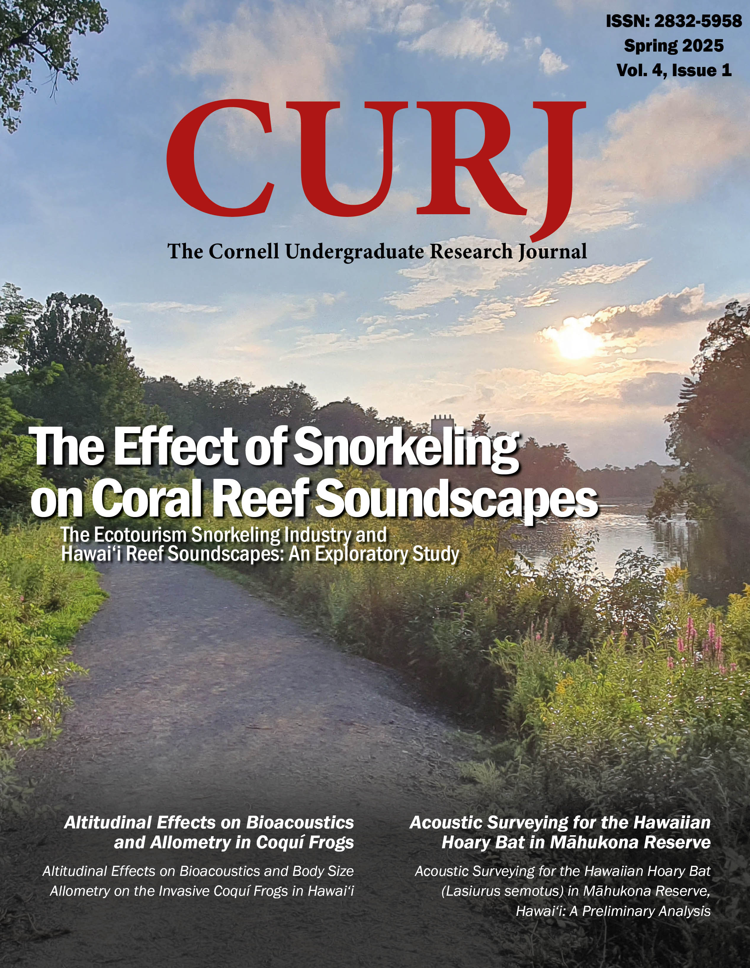 Image of an unpaved path extending alongside a body of water with plants and small wild growth on both sides at sunset. Image is overlaid with the CURJ logo and select manuscript titles